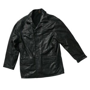 Reed Sportswear Black Leather Car Coat Mens Medium Vintage Walking Jacket Wool